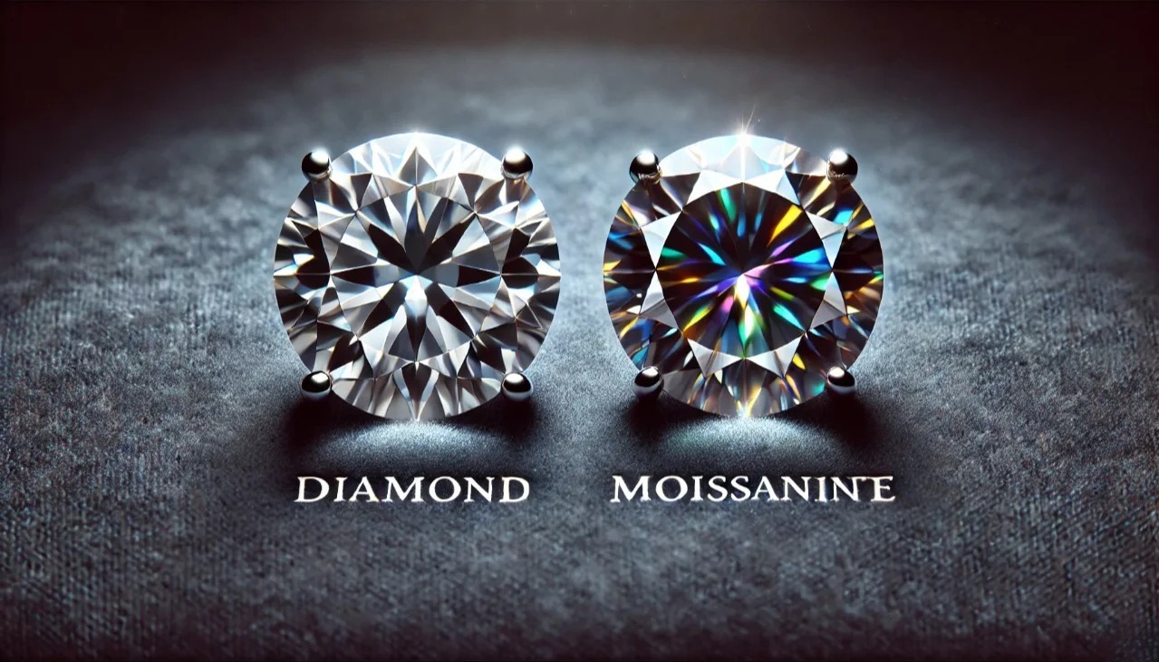 Side-by-side comparison of moissanite and diamond on the same background, highlighting moissanite’s stronger fire and brilliance.