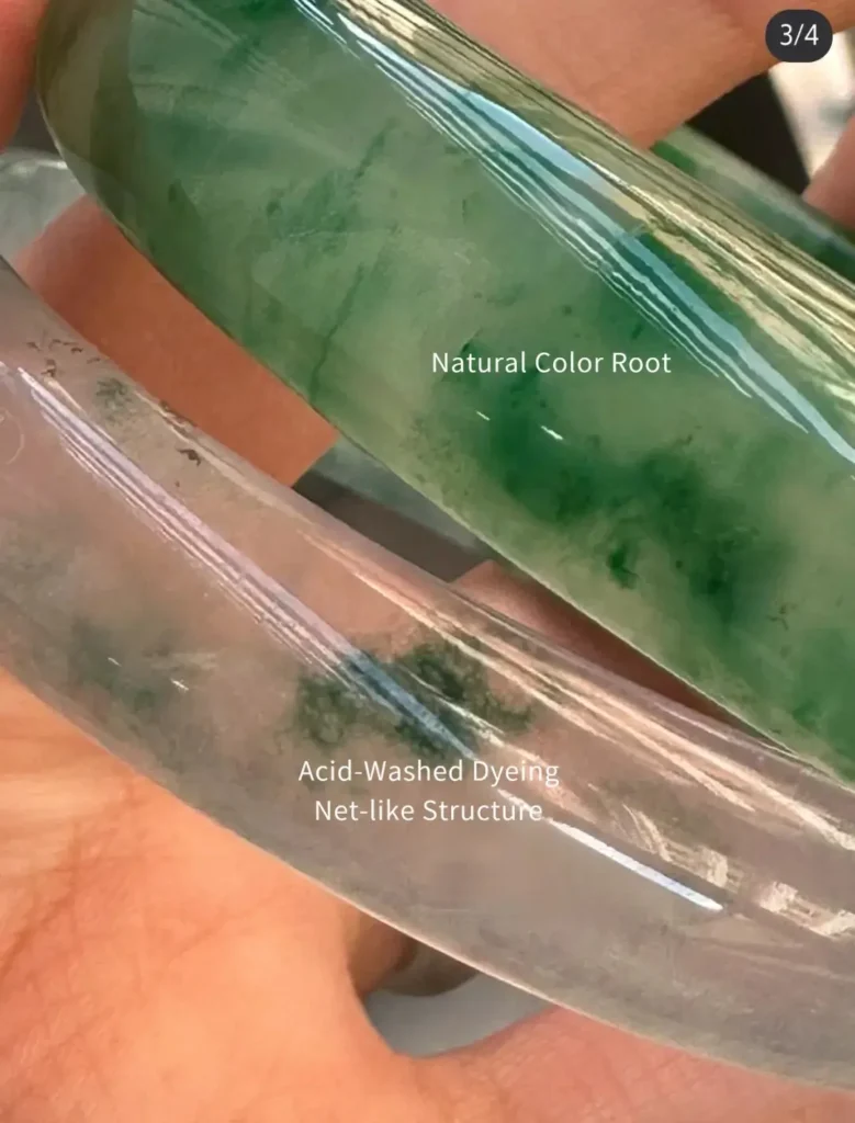 Natural Quartz vs Dyed Quartz Bangle Comparison - Natural quartz may be mistakenly identified as dyed quartz, commonly known as "Malaysian Jade."