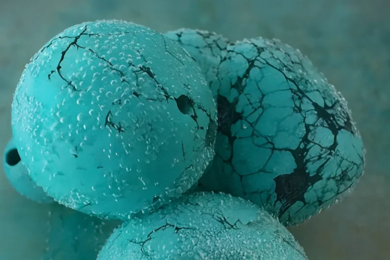 Low-density turquoise stones saturated with adsorbed water, temporarily showing a richer color and improved luster before evaporation causes them to fade and become dull.