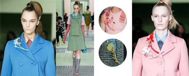 2015 Prada F/W model wearing a brooch on the coat lapel side, adding a stylish accent and making the overall outfit unique and modern.