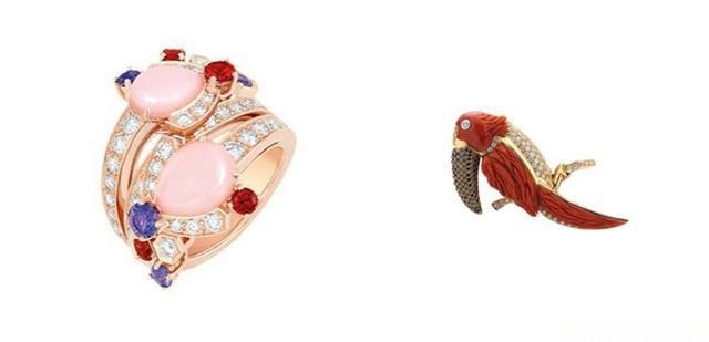 Handcrafted red coral gold ring paired with a red coral bird brooch