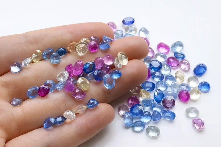 A collection of vibrant, heat-treated Chinese Chang Le Sapphires from Shandong, China, displaying blue, yellow, and green hues.