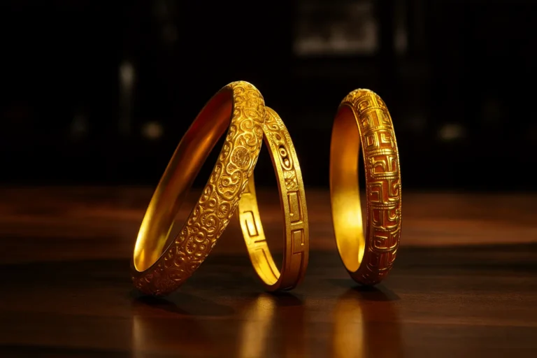 Handcrafted traditional gold bangle showcasing ancient Chinese jewelry-making techniques and vintage aesthetics.