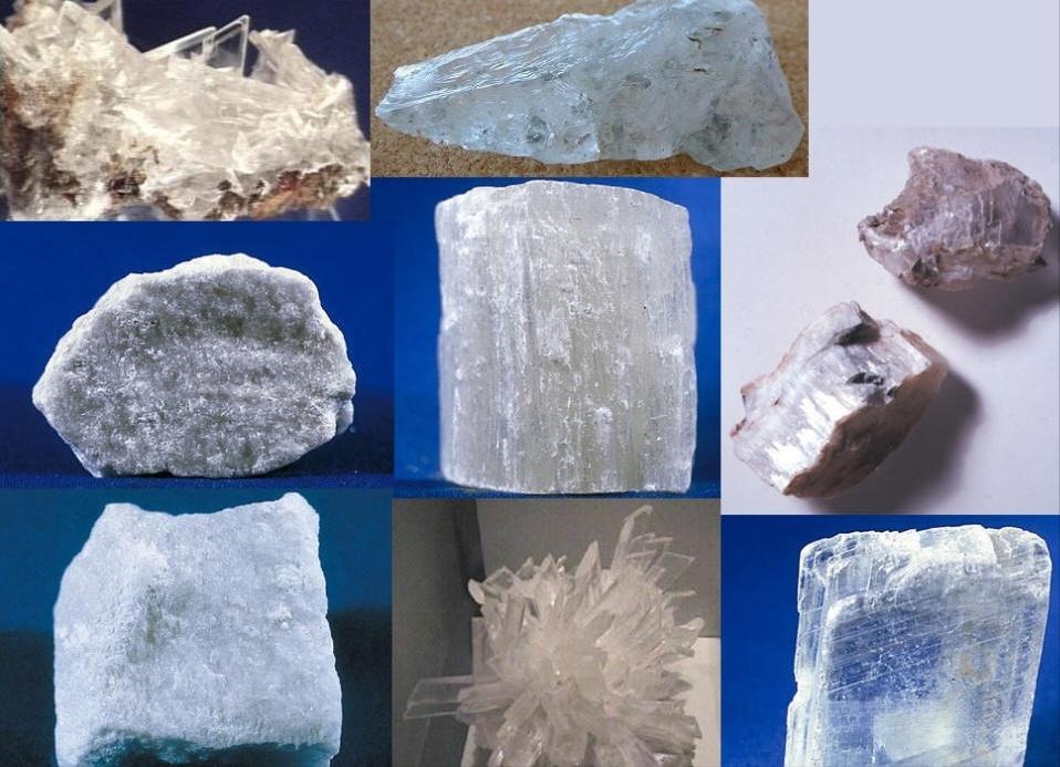 A collection of hydrous mineral specimens, primarily featuring classic Gypsum crystals, illustrating gemstones that contain water of crystallization.