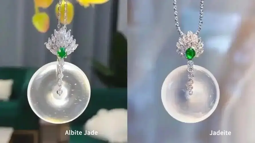 Side-by-side comparison of translucent Albite Jade and Icy Jadeite pendants.