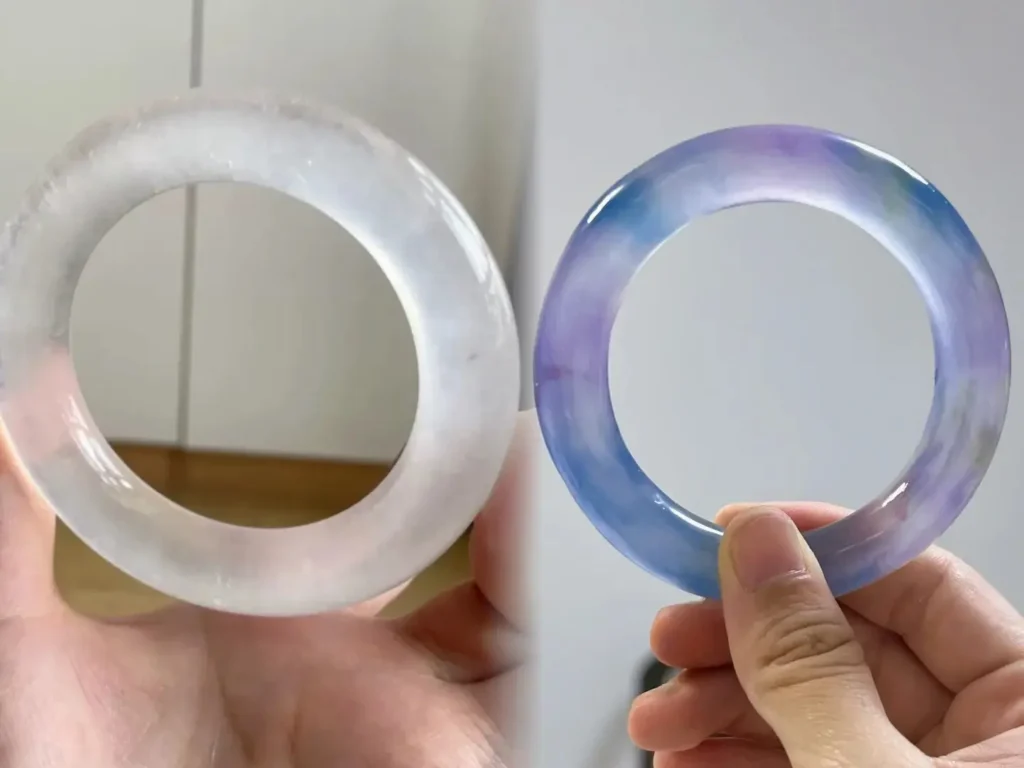 A single split-panel image showing the same Albite Jade bangle: colorless and transparent (before) and artificially dyed purple (after treatment).