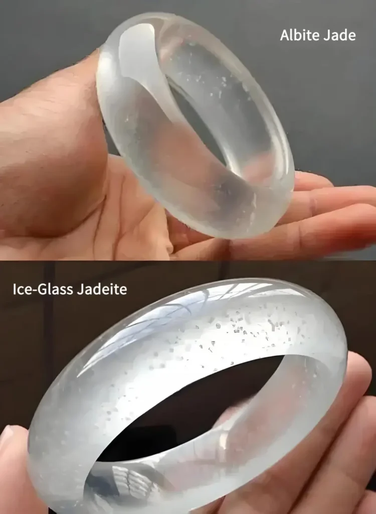 Compare the Albite (Feldspar) bangle to the genuine Ice Jadeite bangle. Essential visual guide for spotting Jadeite Simulants.
