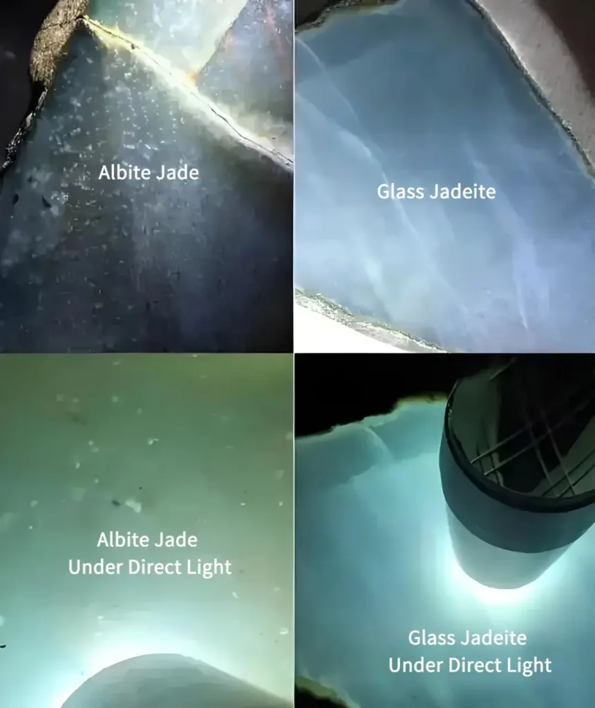 Comparison of the luster difference between rough-cut Albite Jade and Jadeite surfaces under direct light.
