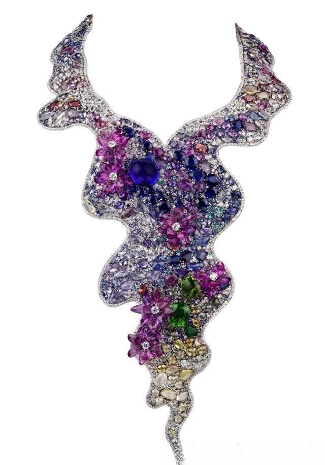 Anna Hu's Monet Water Lily Necklace, featuring 18K gold and a full spectrum of fancy colored sapphires.