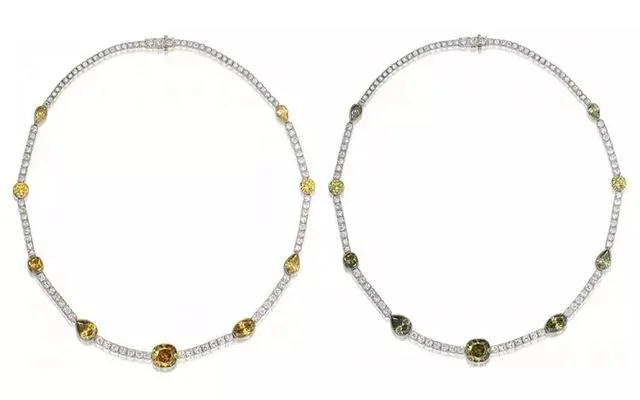 The Bonhams necklace featuring nine rare Chameleon Diamonds (13.87ct total weight) set in a delicate design.