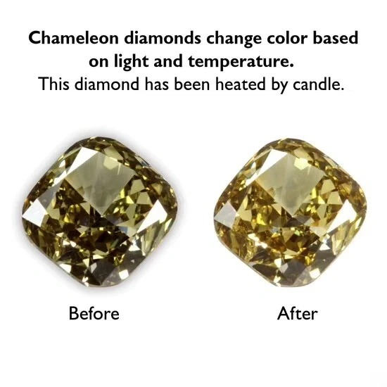 Side-by-side comparison of a Chameleon Diamond, showing the shift from stable green color to unstable yellow.