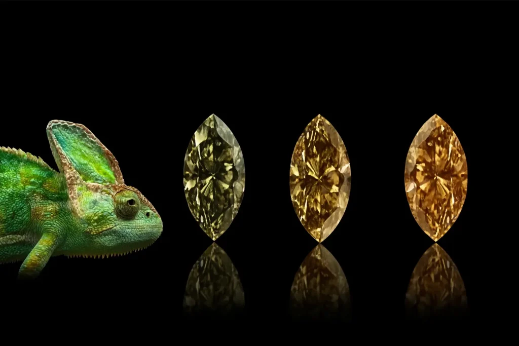 Three Chameleon Diamonds show their color change process from grayish-green (stable) to vibrant yellow (unstable).