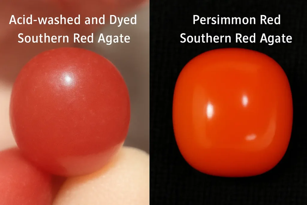 Comparison of acid-dyed Nanhong agate and natural Nanhong showing differences in surface texture and internal color.