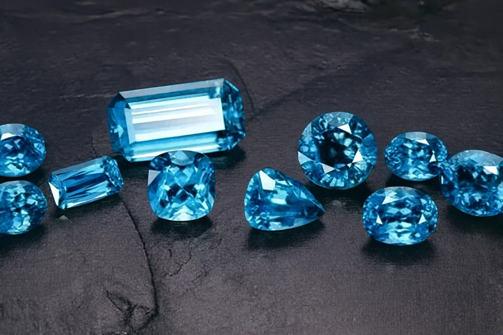 A collection of natural blue Zircon gemstones cut in various shapes, including round, emerald, and pear cuts.