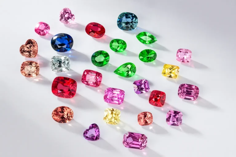 A vibrant palette of various colored sapphires, including blue, pink, orange, green, and colorless stones.