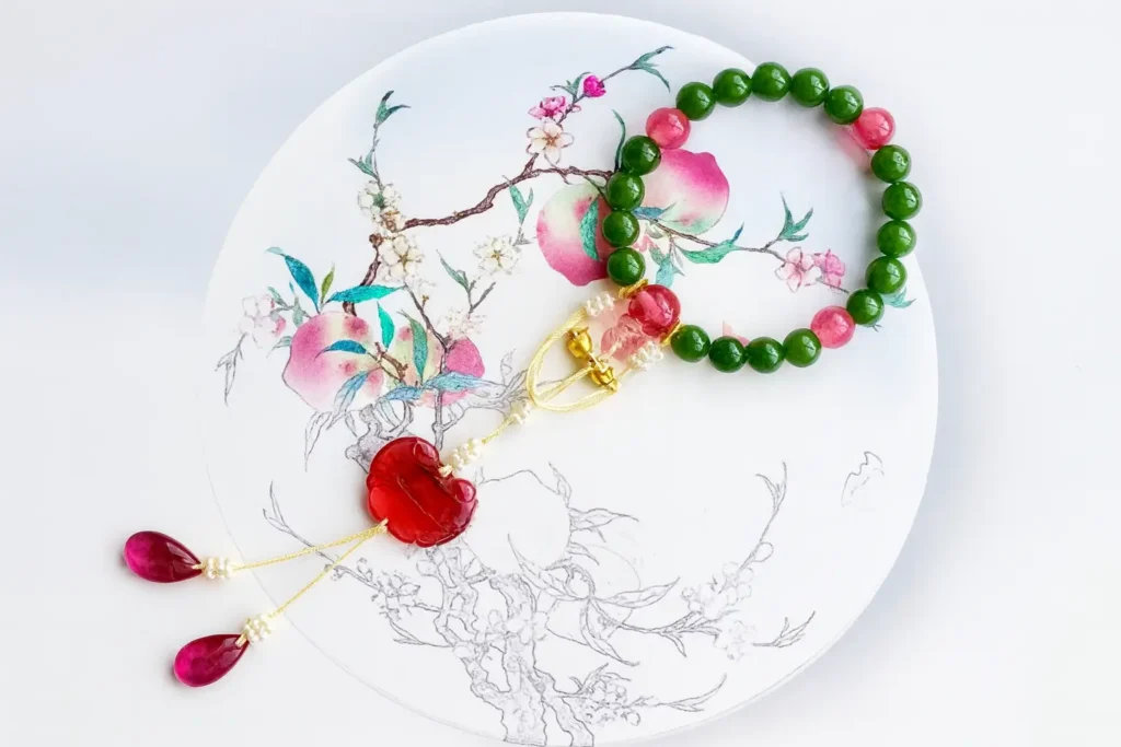 A finely crafted, fully assembled Shibazi Bracelet (Eighteen Beads) with Hetian Jade beads, pink tourmaline accents, and pearl knot tassels. This image showcases the intricate craftsmanship and historical components of the traditional Chinese court bracelet.