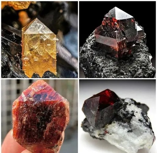 Four uncut quartz mineral crystals displayed together, showing natural variations in color: brown, green, yellow, and red.