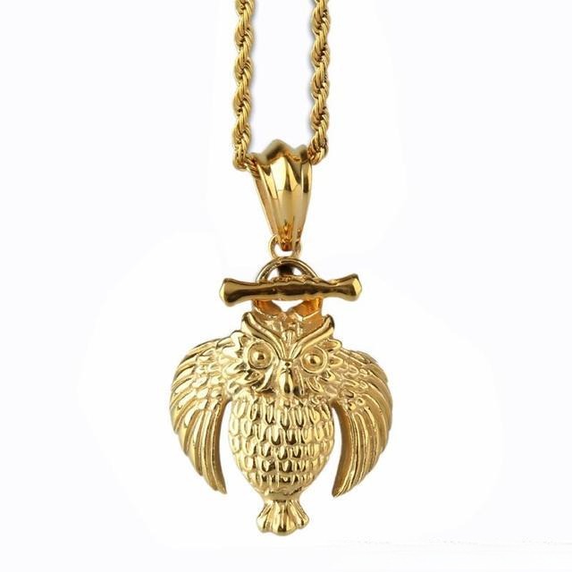 A detailed gold-plated owl pendant showcasing a flawless finish.