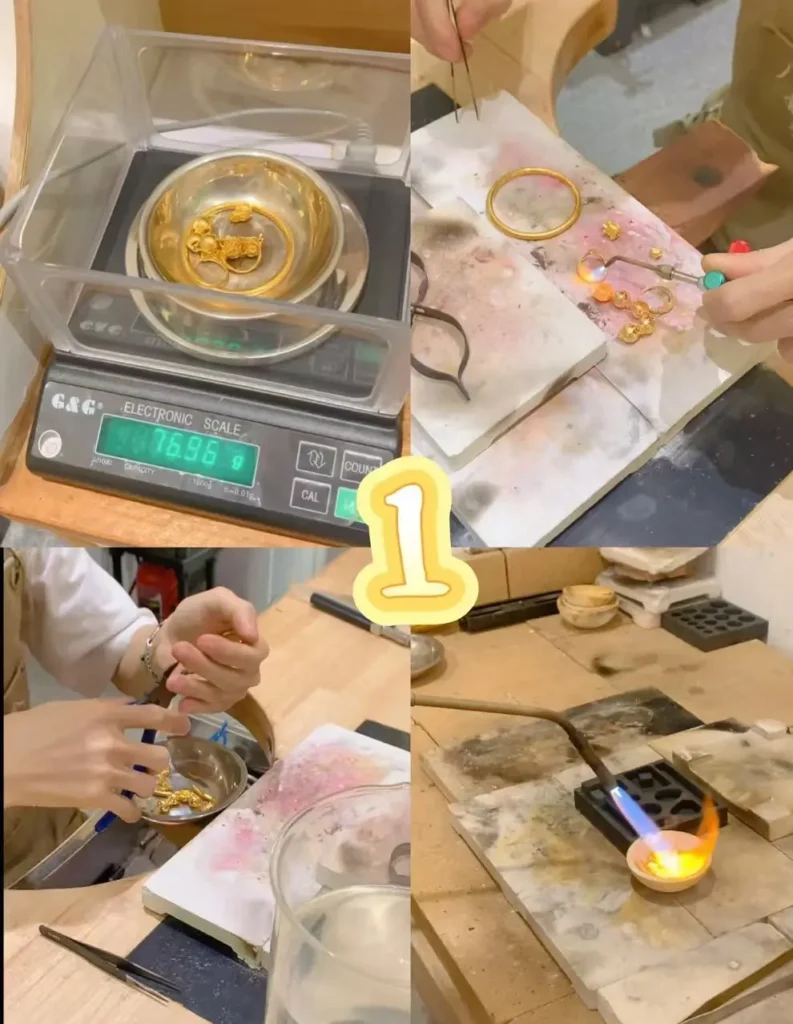 A four-panel process sequence at Jewea workshop: precision weighing of 24K gold, high-heat refining, manual weight balancing, and final gold melting, demonstrating ethical jewelry recasting and craftsmanship.