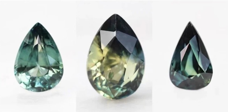 Color chart illustrating the range of green sapphire hues, including blue-green, yellowish-green, and teal.