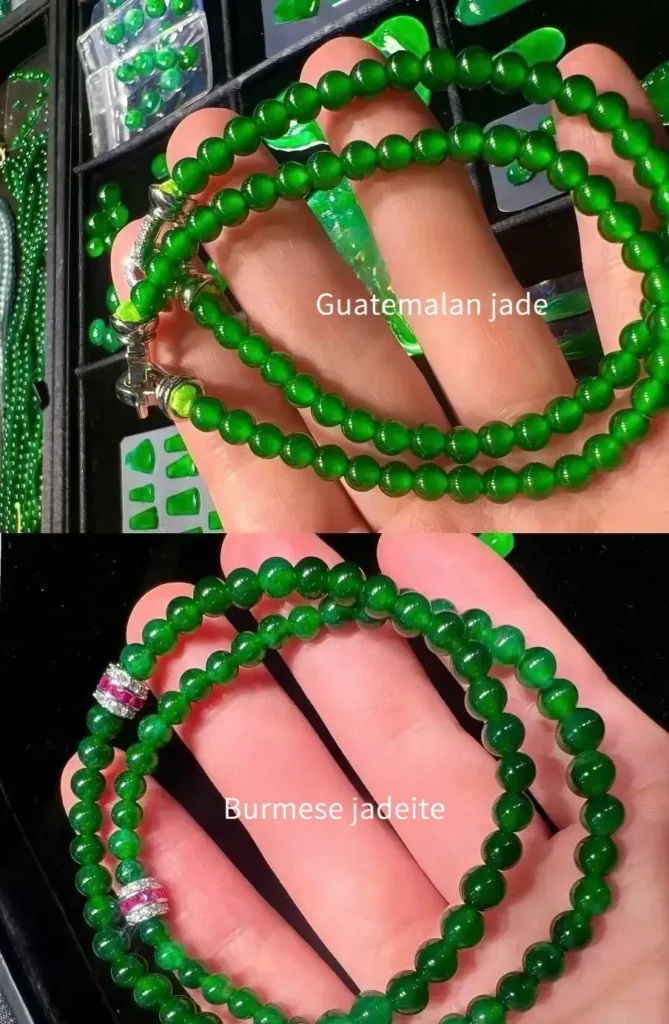 Comparison of Guatemalan jadeite bead necklace (top) and Burmese jadeite bead necklace (bottom).