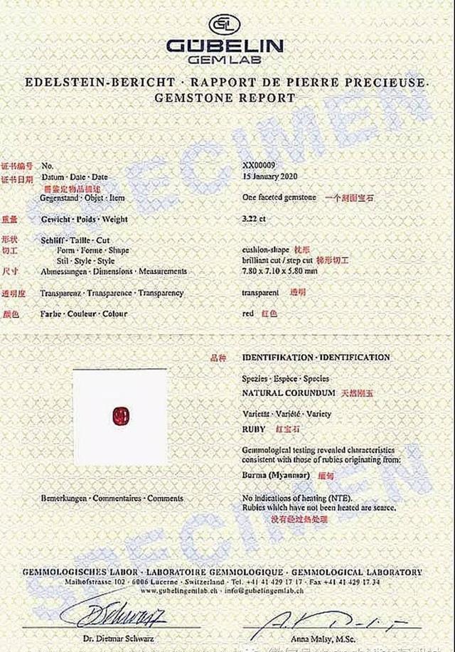 Gübelin gemstone certificate showing why a Gemstone Certificate Needed for auction-level and investment-grade gemstones.