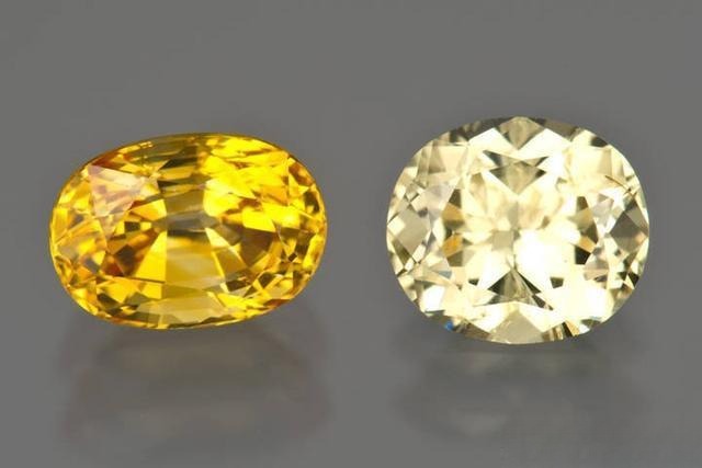 Side-by-side view of a golden heated yellow sapphire and a natural light unheated yellow sapphire.