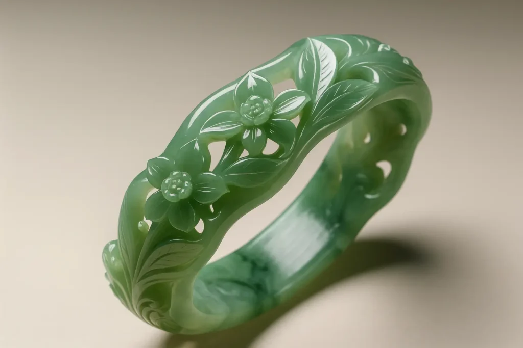 High-quality Xiuyan Jade openwork carved bracelet showcasing fine detail and excellent waxy luster.