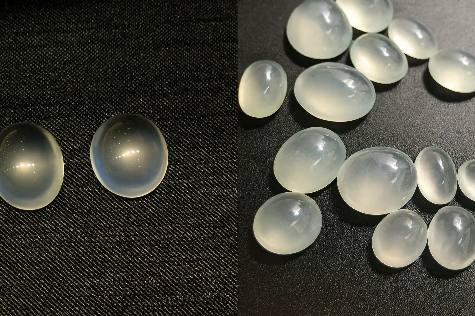 Side-by-side comparison of genuine Ice Jadeite and the lower-density Ice Jade Quartzite simulant.