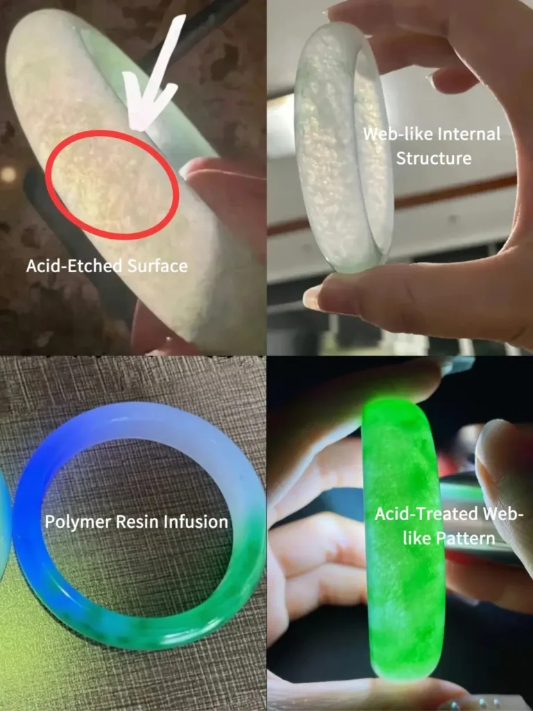 Microscopic view of acid-treated jadeite showing spiderweb structure, surface etching, and resin-filled voids.