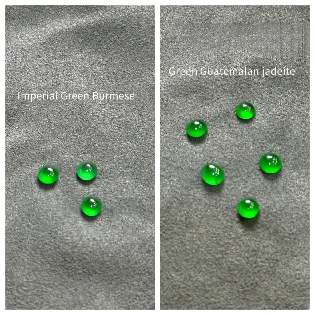 Side-by-side comparison of Imperial Green jadeite and Guatemalan green jadeite cabochons with visually similar color.