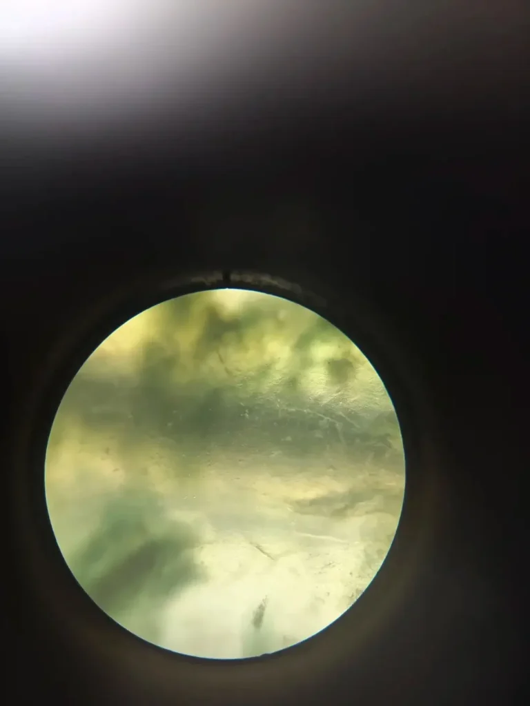 A 10x magnified view of Jadeite, revealing its interlocking fibrous crystal structure and "Fly Wings" reflections.