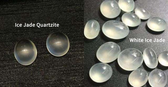 Side-by-side comparison of genuine Ice Jadeite and the lower-density Ice Jade Quartzite simulant.