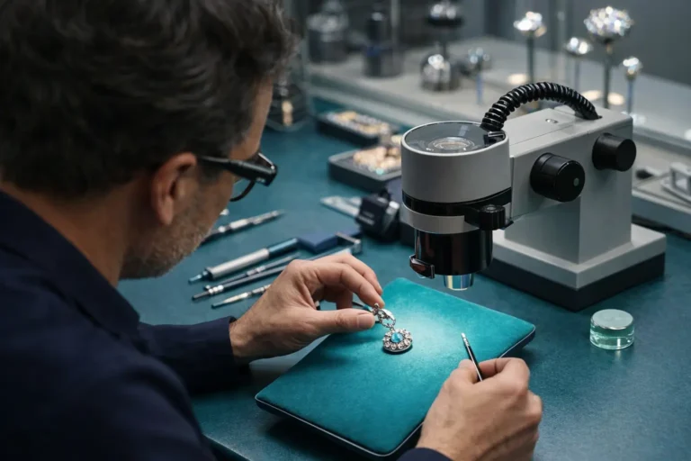 Jewea gemologist inspecting jewelry for certificate verification.