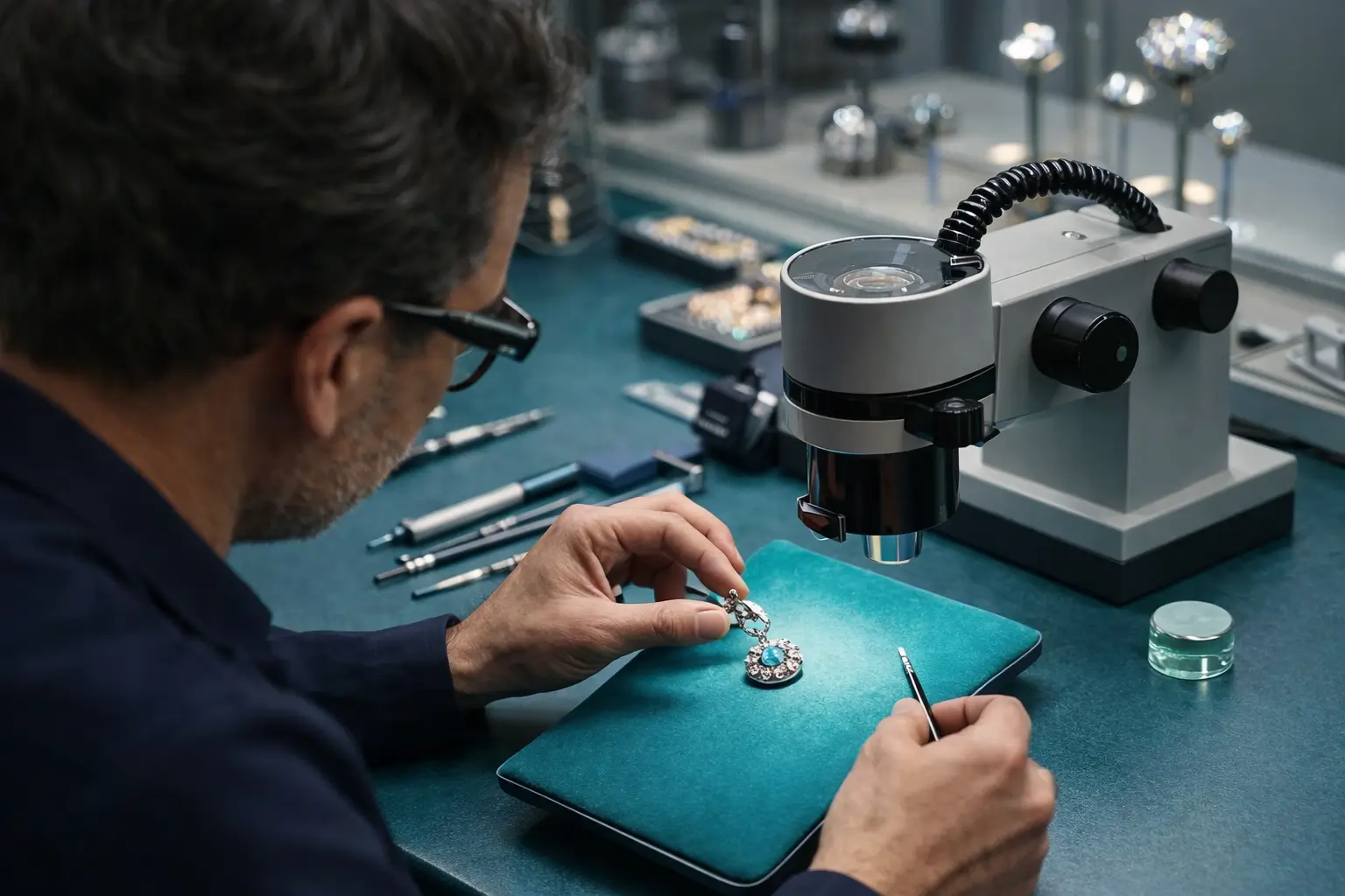 Jewea gemologist inspecting jewelry for certificate verification.