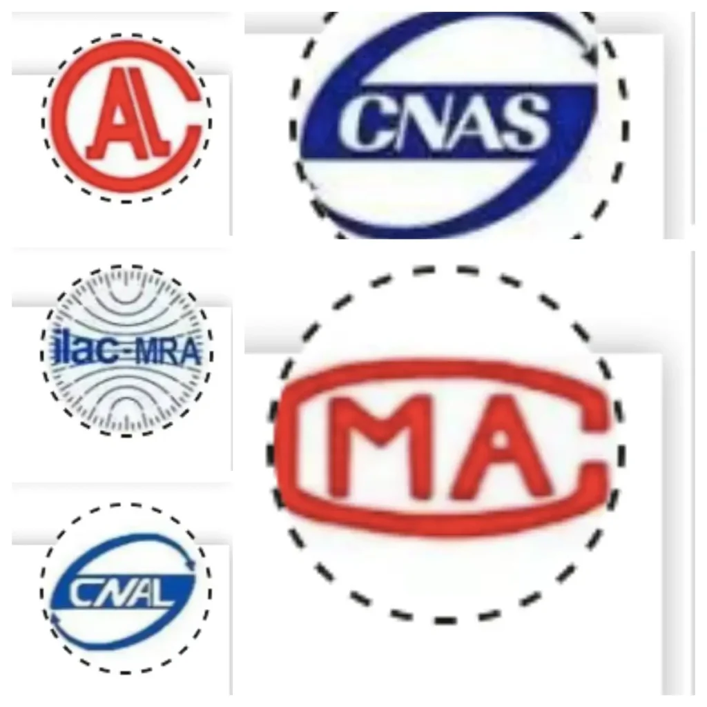Official jewelry accreditation marks including CMA, CNAS, and ILAC-MRA.