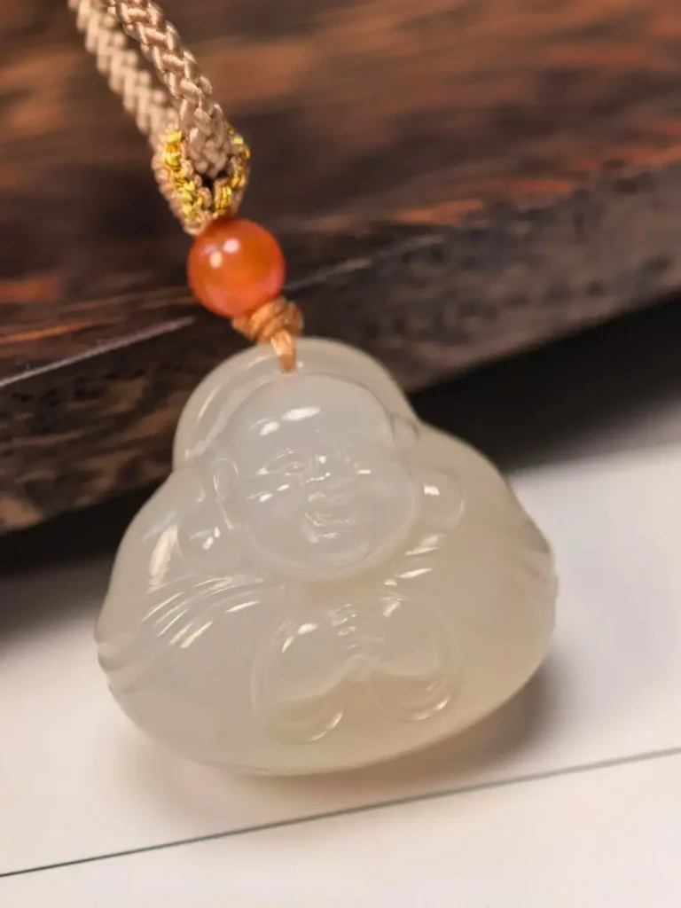 Custom Jewea Lotus Root Pink Hetian Jade "Happy Buddha" pendant, featuring excellent carving and hue.