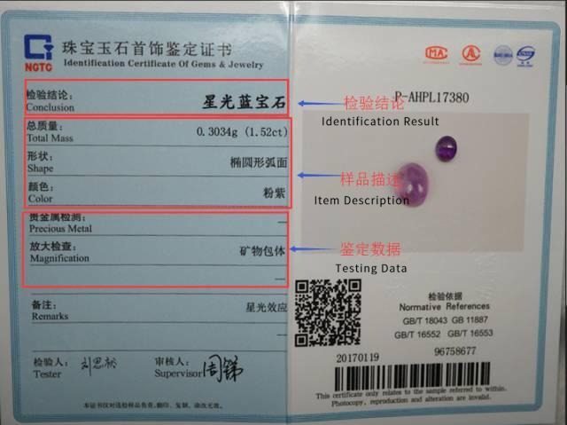 Red circles highlighting item description and gemological testing data on a certificate.
