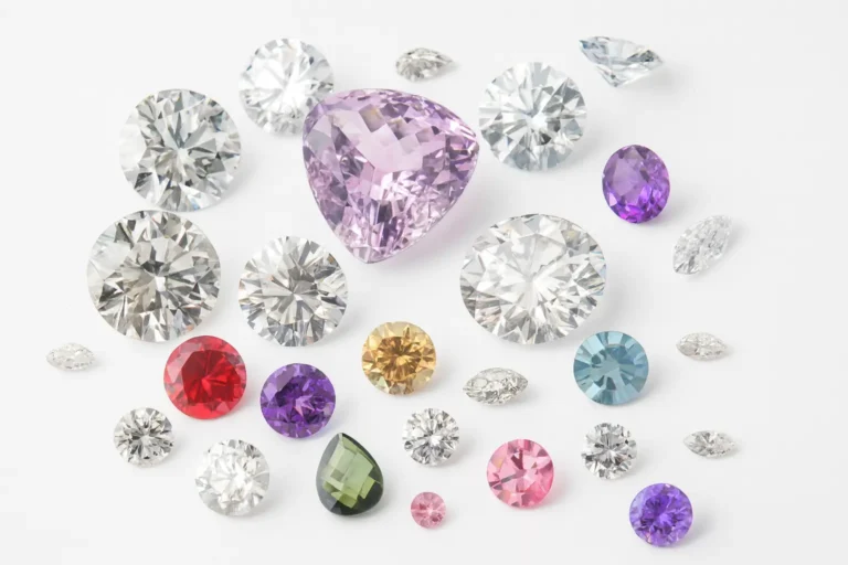 Faceted natural Zircon gemstones in various colors: colorless, blue, green, brown, orange, and red.