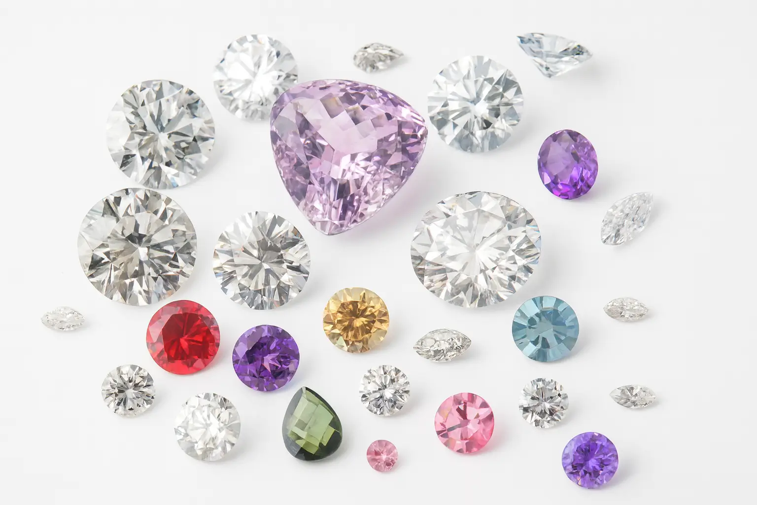 Faceted natural Zircon gemstones in various colors: colorless, blue, green, brown, orange, and red.