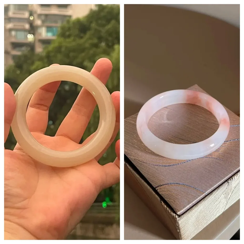 Side-by-side comparison of genuine Lotus Root Pink Hetian Jade and a Peach Blossom Jade lookalike.
