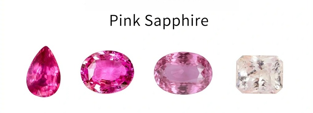 A visual guide to pink sapphire color grades, including light pink, vivid pink, purplish pink, and vibrant purplish pink hues.