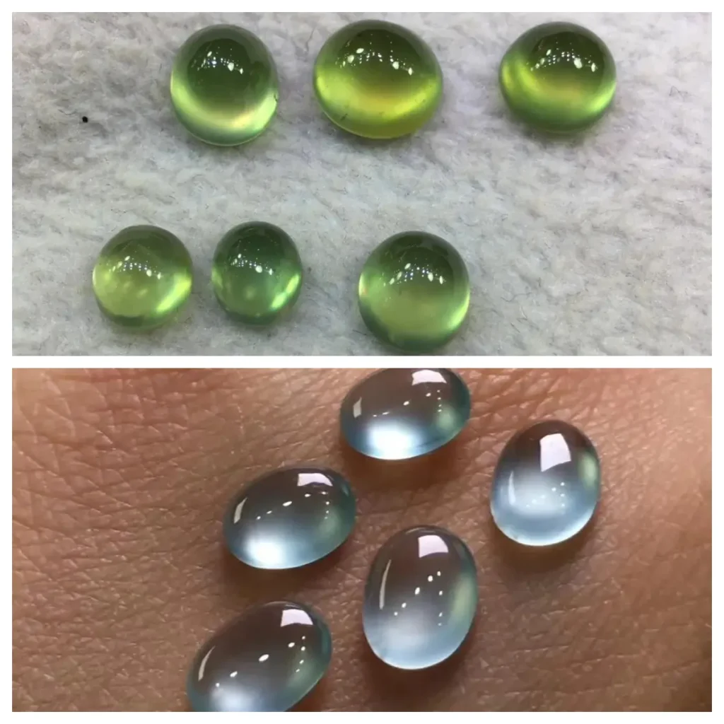 Comparison of a pure green Jadeite cabochon and a Prehnite simulant showing a distinct yellowish undertone.