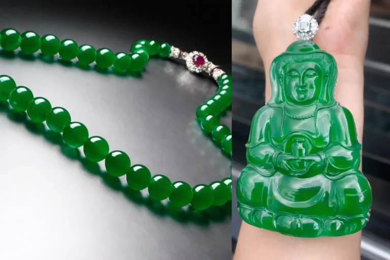 Imperial Green jadeite necklace vs. a thin-carved Guatemalan pendant.