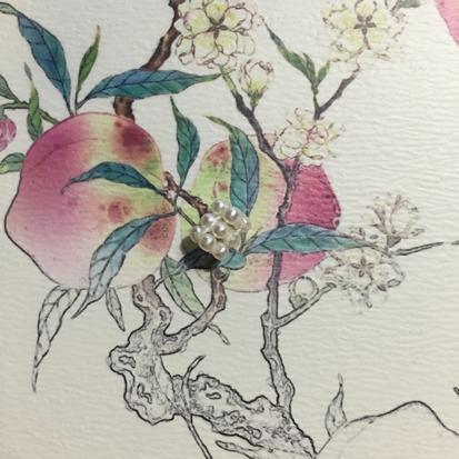 Final reinforcement of the pearl flower ball, showing the threads cross-weaving to secure all three layers firmly together.