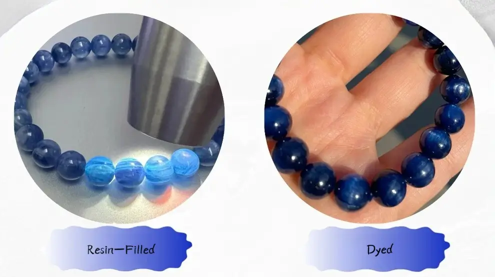 Comparison of resin-filled (left) and dyed (right) bracelets, showing stabilization vs. color enhancement effects.