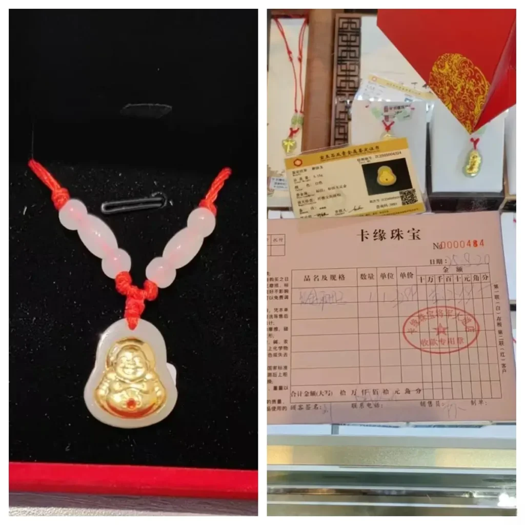 Cheap jade Buddha pendant and receipt.