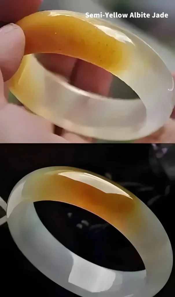 A semi-translucent, pale yellow Albite bangle displayed under studio lighting.
