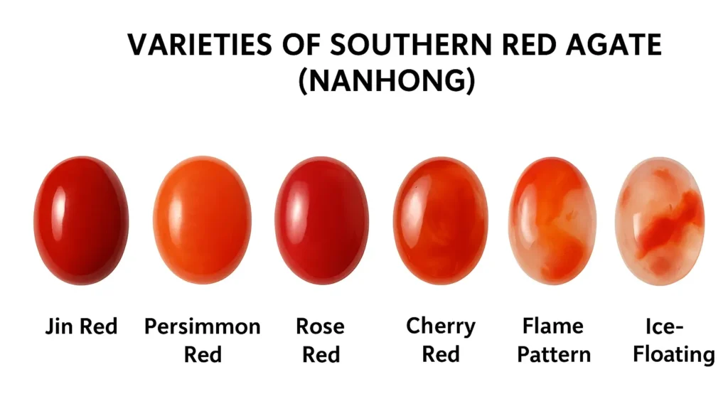Different Southern Red Agate colors showing persimmon red, brocade red, cherry red, and dyed varieties in one comparison image.