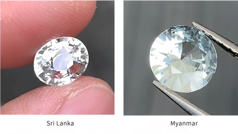 Comparison photo showing a high-clarity Sri Lankan white sapphire next to a Burmese sapphire with a slight gray tint.